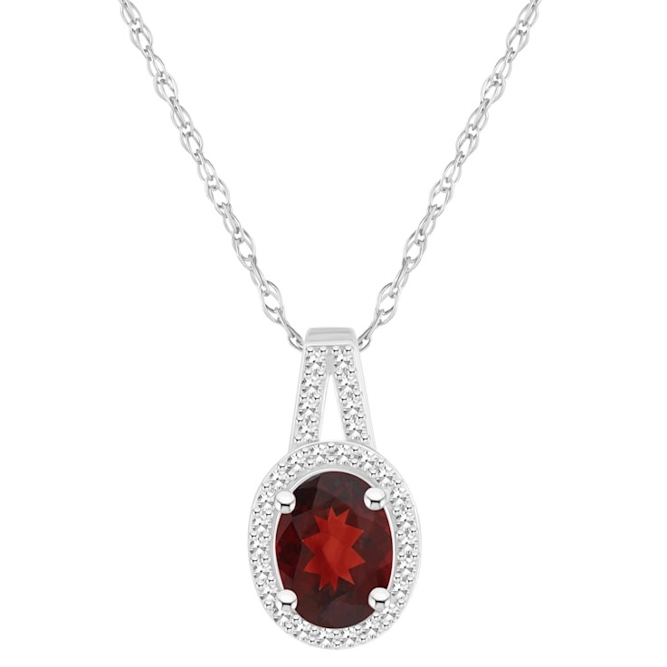 8x6mm Oval Garnet 1/7 ctw Diamond Rhodium Over Sterling Silver Halo
Pendant with Chain
