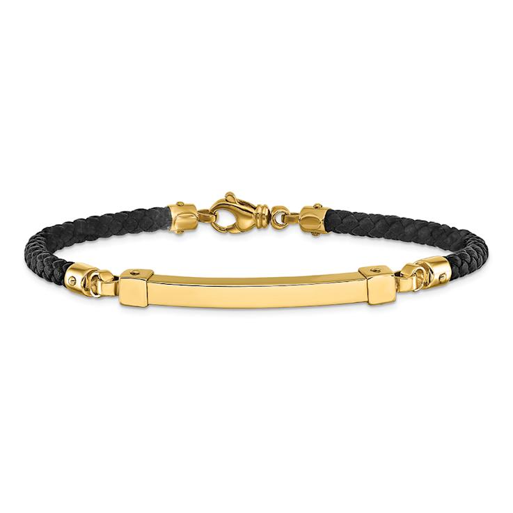 14K Yellow Gold Polished Bar Leather Bracelet