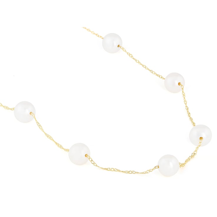 Freshwater Pearl Station 24 Inch Necklace In 14K Yellow Gold
