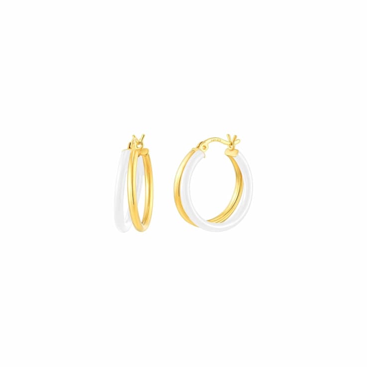 14K Yellow Gold Over Sterling Silver Double Hoop Enamel Earrings in White