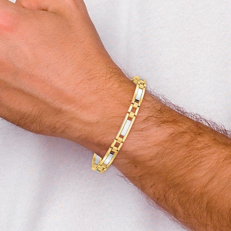 14K Yellow and White Gold Polished and Satin 8.5 inch Men s Link Bracelet 112GPA