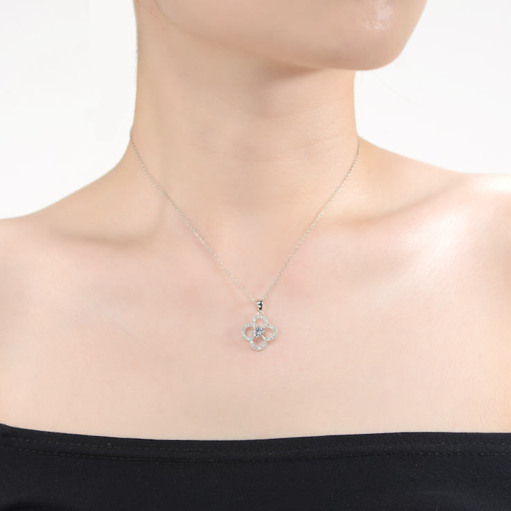 CZ Flower Pendant Necklace In White Rhodium Over Brass