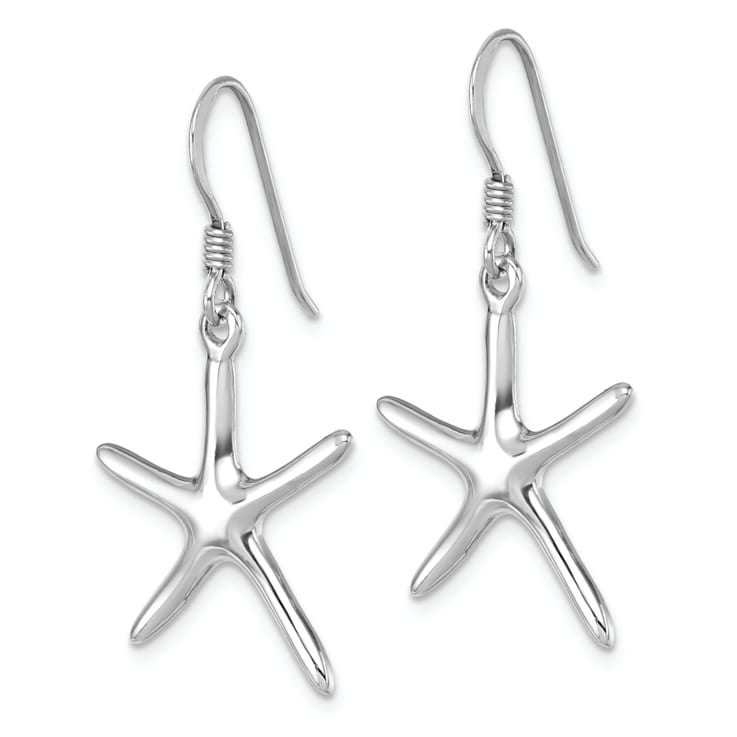 Rhodium Over Sterling Silver Polished Starfish Dangle Earrings