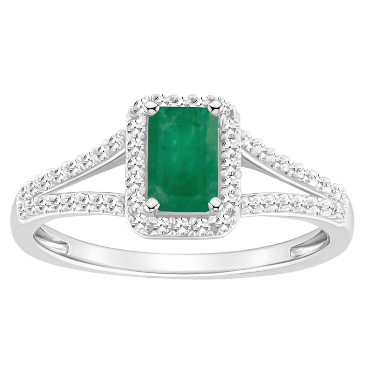 6x4mm Emerald Cut Emerald 1/4 ctw Diamond Rhodium Over Sterling Silver
Halo Ring