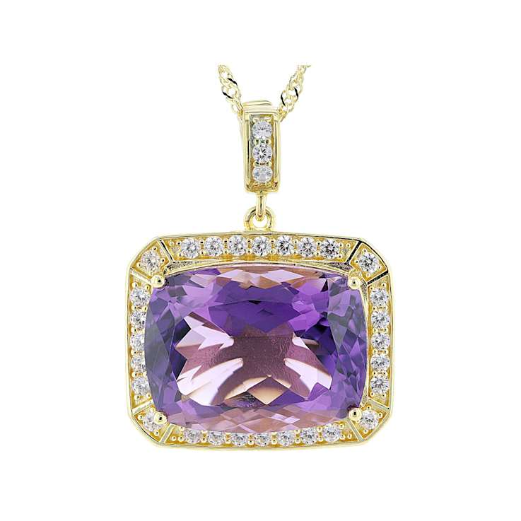 Amethyst Rectangular Cushion And White Zircon Pendant Necklace In 18K
Gold Over Sterling Silver 15.53ctw