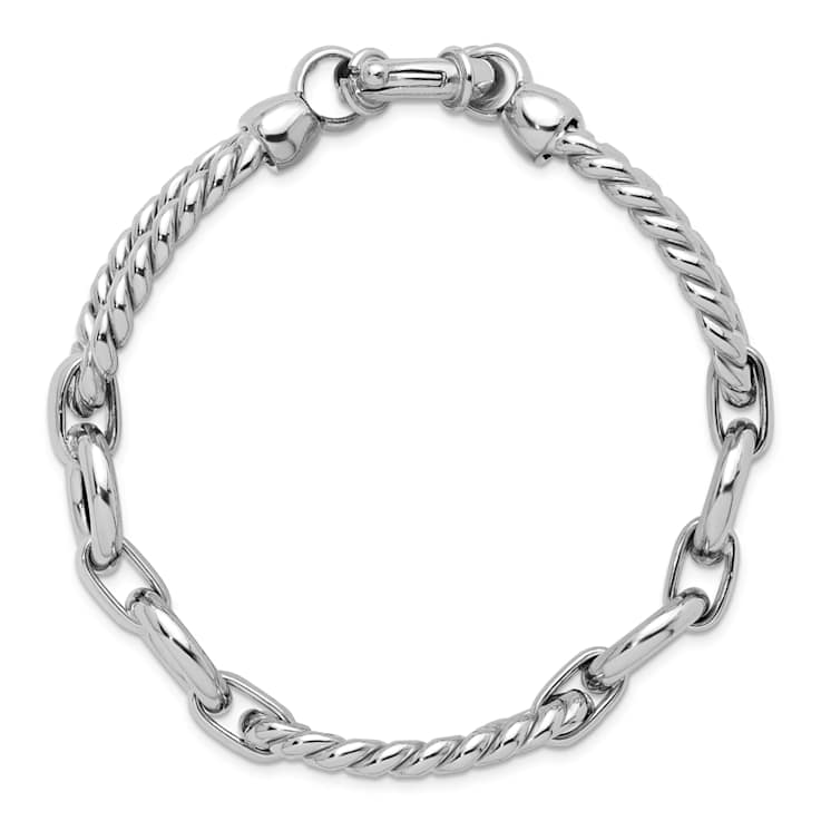 Rhodium Over Sterling Silver Polished and Twisted Link Bracelet