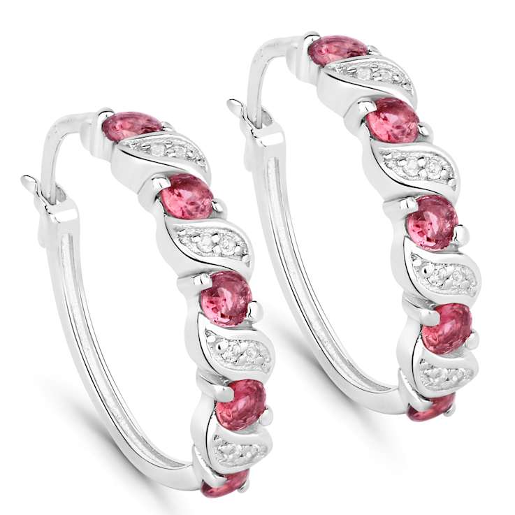 Pink Tourmaline and White Topaz Sterling Silver Hoop Earrings