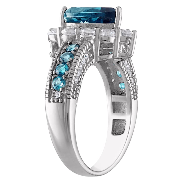 Sterling Silver Pear Shape London Blue Topaz and Lab Created White
Sapphire Ring 3.2ctw