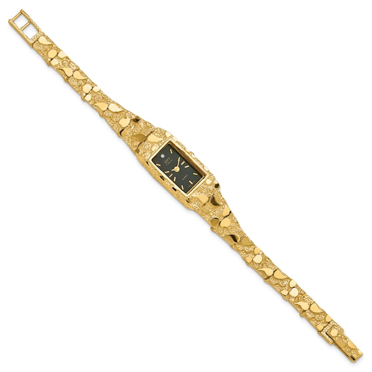 14k Yellow Gold Ladies Rectangular Black 15x31mm Dial Solid Nugget Watch