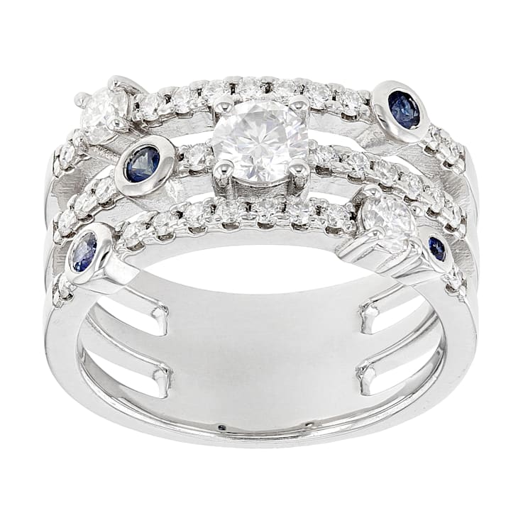 Moissanite and Blue Sapphire Platineve Ring .83ctw  DEW