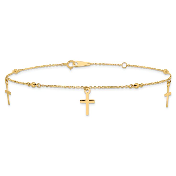 10k Yellow Gold Polished and Textured Cross Charm Cable Link Anklet