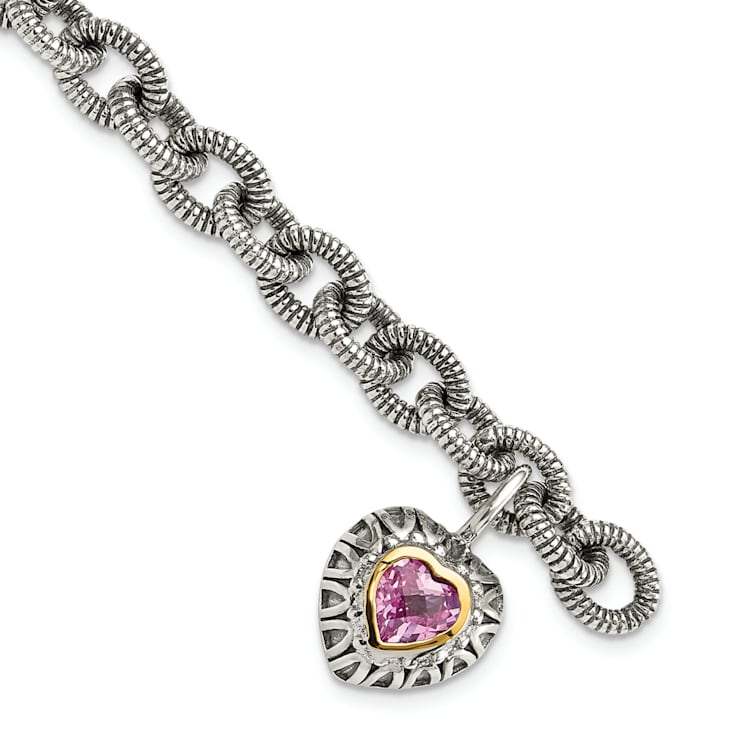 Sterling Silver with 14K Gold Over Sterling Silver Accent Oxidized Lab
Pink Sapphire Heart Bracelet