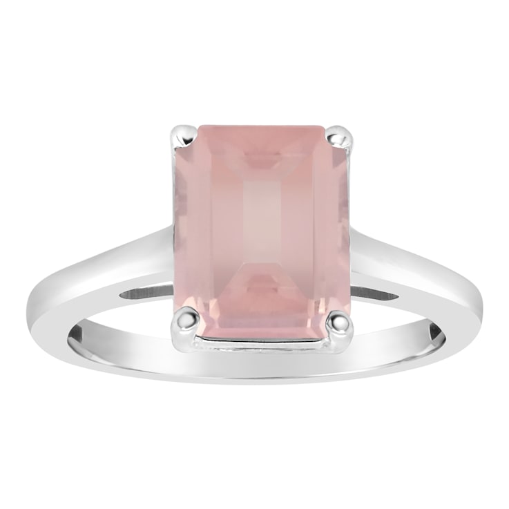 10x8mm Emerald Cut Rose Quartz Rhodium Over Sterling Silver Ring