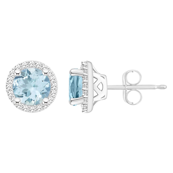 6mm Round Aquamarine 1/5 ctw Diamond Rhodium Over Sterling Silver Halo
Stud Earrings