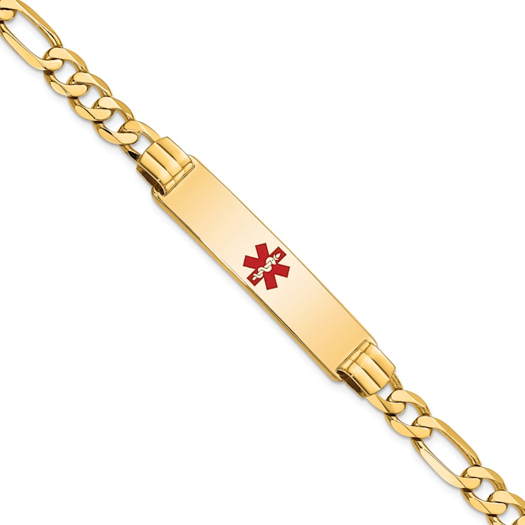 14k Yellow Gold Medical Red Enamel Flat Figaro Link ID Bracelet
