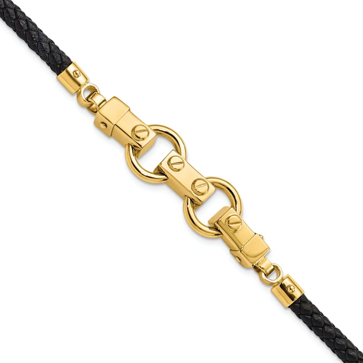 14k Yellow Gold Polished Fancy Link Leather Bracelet