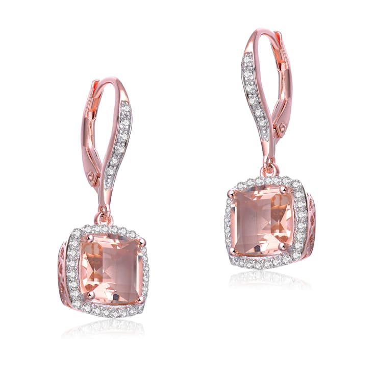 Morganite Color CZ Halo Drop Earrings In 18K Rose Gold Over Sterling Silver