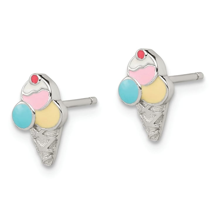 Rhodium Over Sterling Silver Enamel Ice Cream Cone Post Earrings