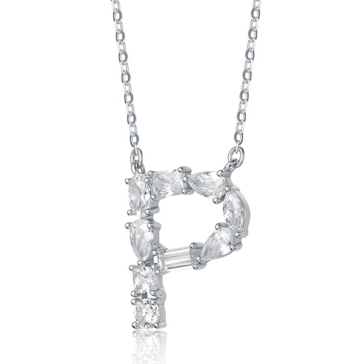 Initial P Mixed Cut CZ Pendant Necklace In Sterling Silver 18 Inch