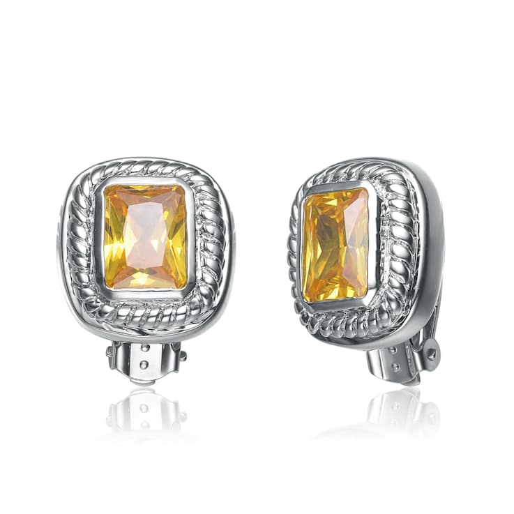 Citrine Color CZ Square Stud Earrings In Sterling Silver