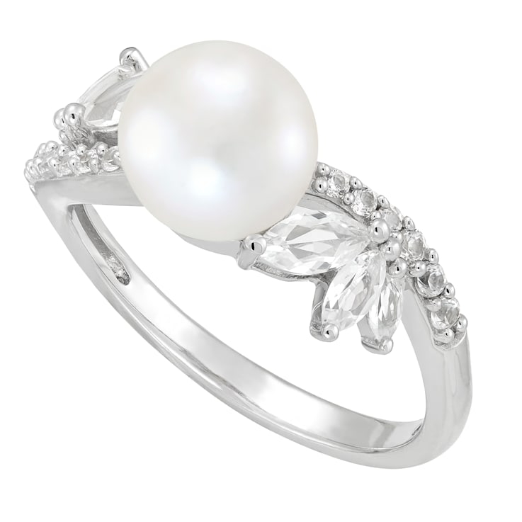 8mm Button White Freshwater Pearl and White Sapphire Sterling Silver Ring