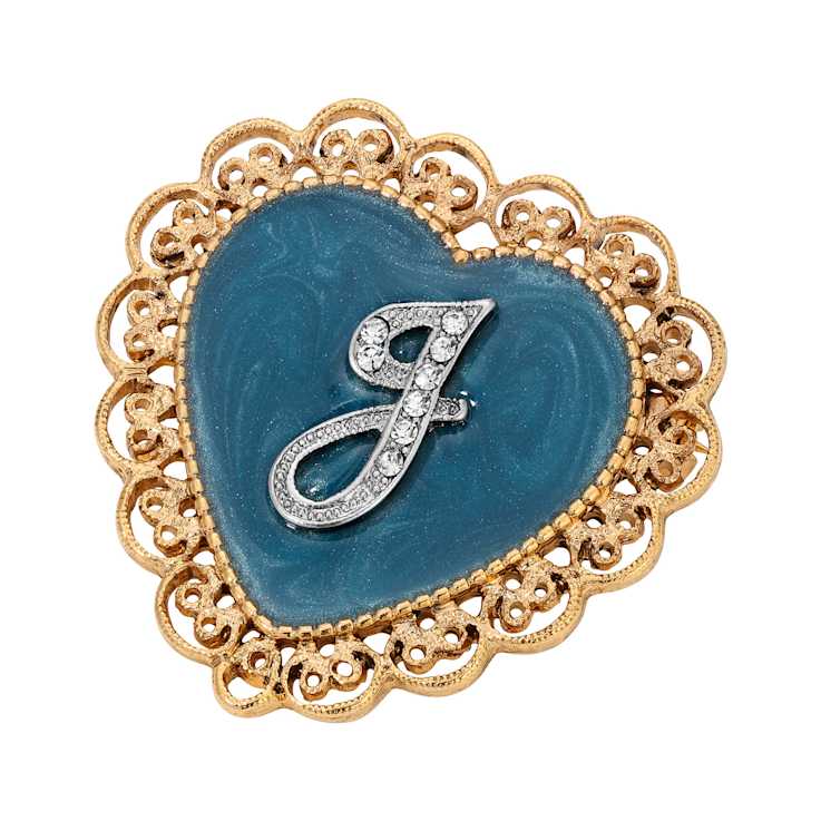 Gold Tone Filigree Heart Blue Enamel Initial Pin