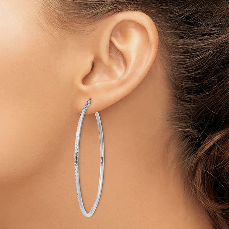 Rhodium Over 14k White Gold 2 3/8" Diamond-Cut Round Tube Hoop Earrings