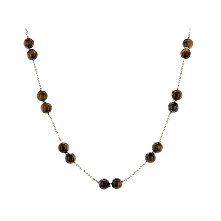 Tiger Eye Round Station Necklace In 18K Gold Over Sterling Silver 7.5-8.5mm