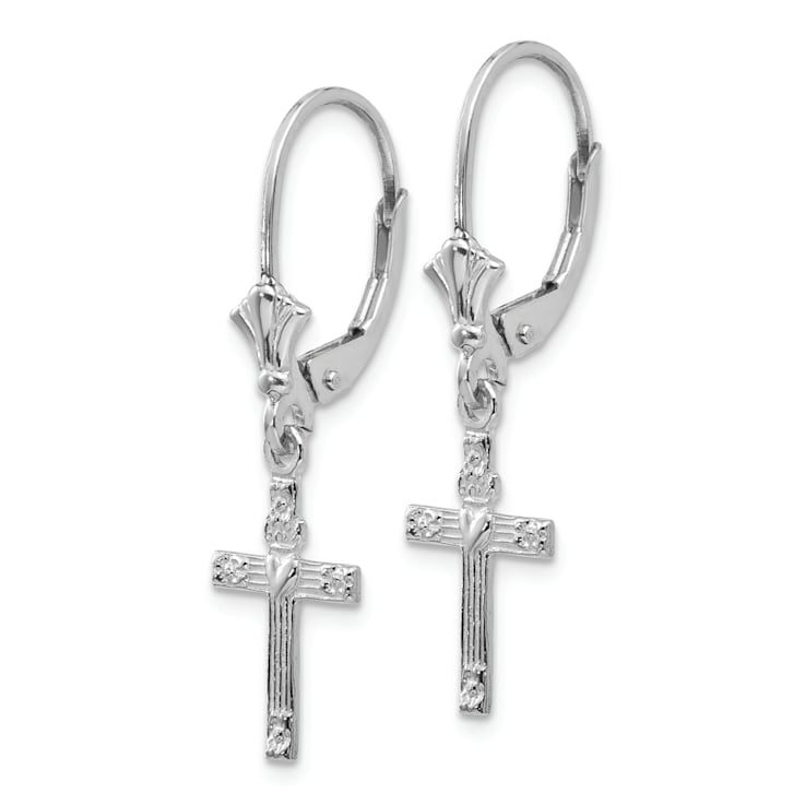 Rhodium Over 14k White Gold Textured Mini Cross with Heart Dangle Earrings