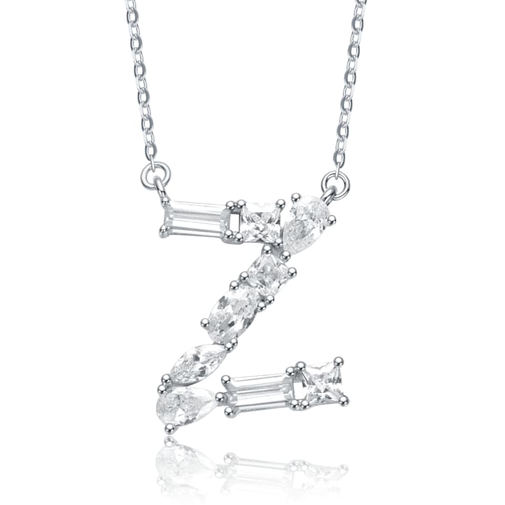 Initial Z Mixed Cut CZ Pendant Necklace In Sterling Silver 18 Inch