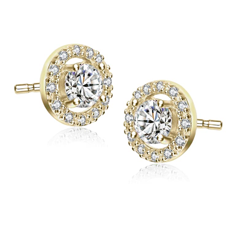 CZ Halo Stud Earrings In 14K Gold Over Brass