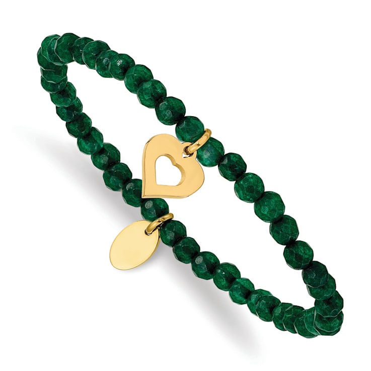 Yellow Stainless Steel Polished Heart Green Jade Stretch Bracelet
