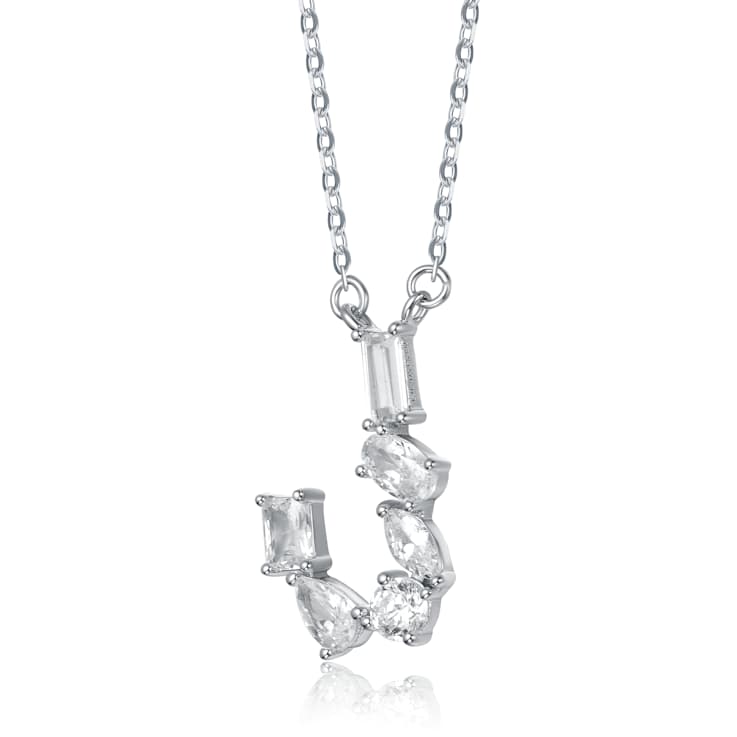 Initial J Mixed Cut CZ Pendant Necklace In Sterling Silver 18 Inch