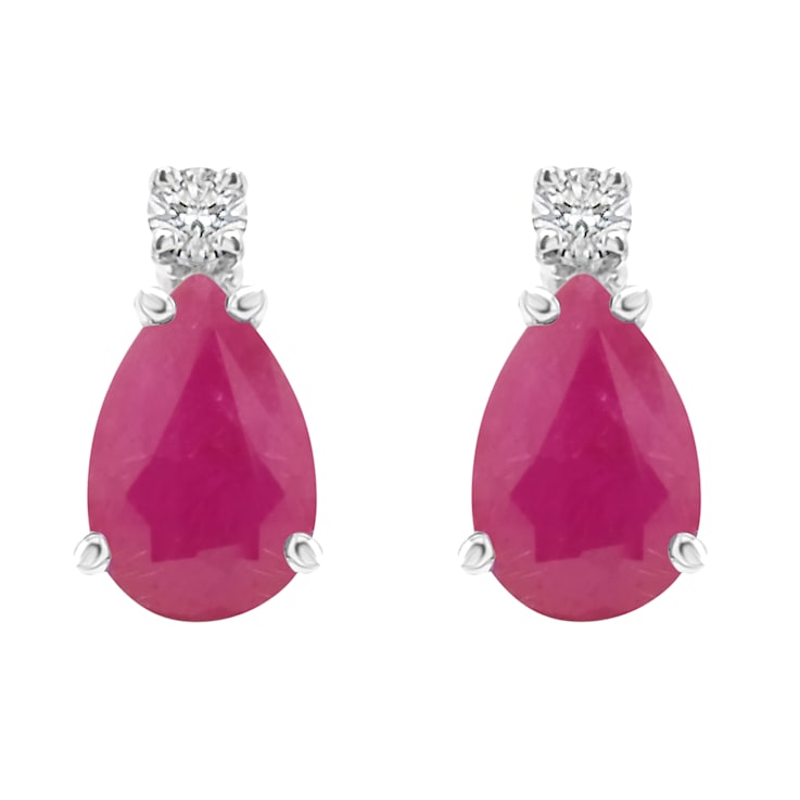 7x5mm Pear Shape Ruby with Diamond Accents 14k White Gold Stud Earrings