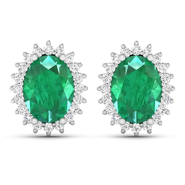 2.0ctw 14K White Gold  Zambian Green Emerald and White Diamond Halo Earrings