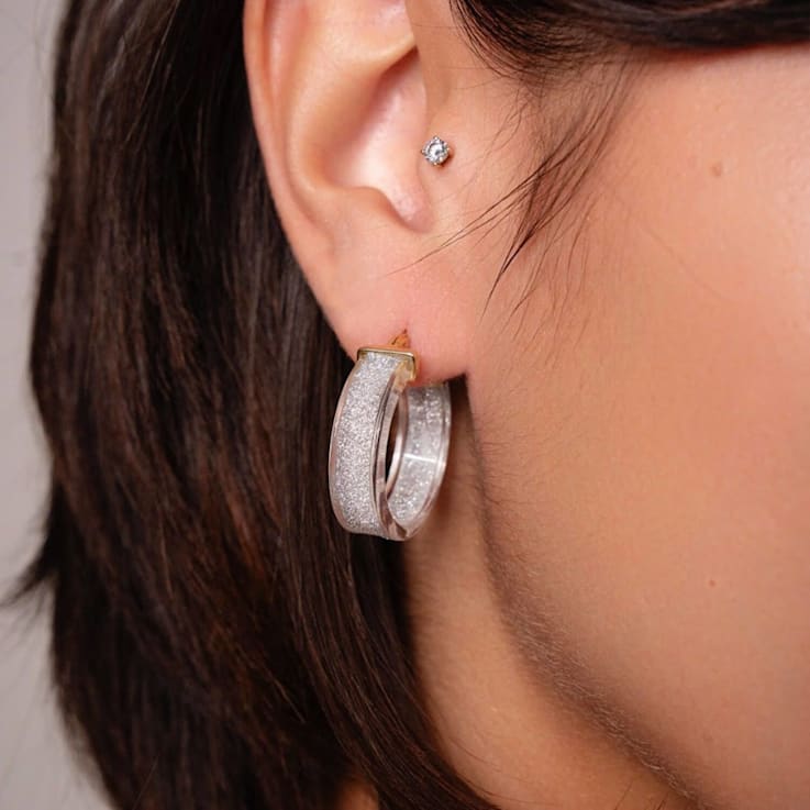 14K Yellow Gold Over Sterling Silver Wide Silver Color Glitter Clear
Acrylic Hoops