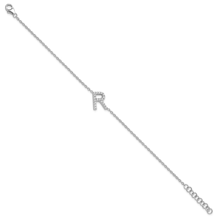 Rhodium Over 14k White Gold Diamond Sideways Letter R Bracelet