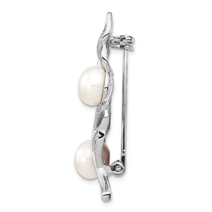 Sterling Silver Rhodium-plated 7-8mm White Button FWC Pearl Cubic
Zirconia Brooch
