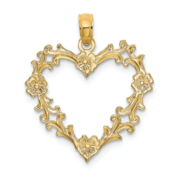 10K Yellow Gold Cut-Out Textured Floral Heart Charm