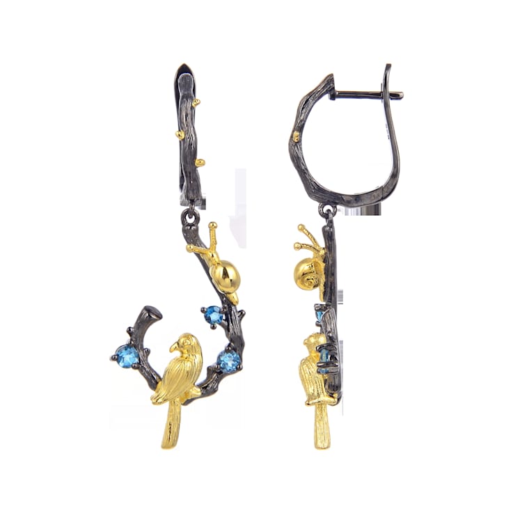 Multi-Gem Black Rhodium Over Sterling Silver Bird Earrings