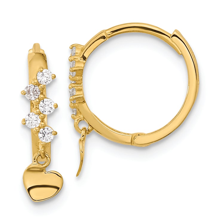 14K Yellow Gold Cubic Zirconia Heart Dangle Hinged Hoop Earrings