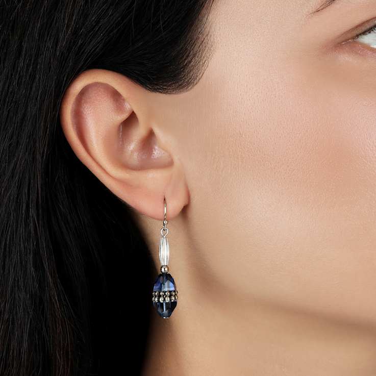 Silver Tone Blue Bead Drop Wire Earrings