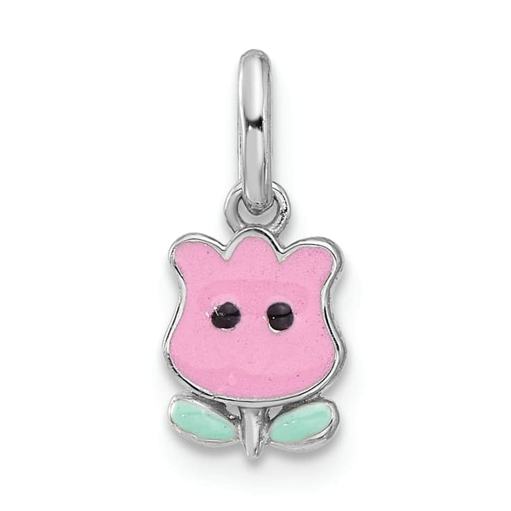 Rhodium Over Sterling Silver Pink and Green Enamel Tulip Children's Pendant