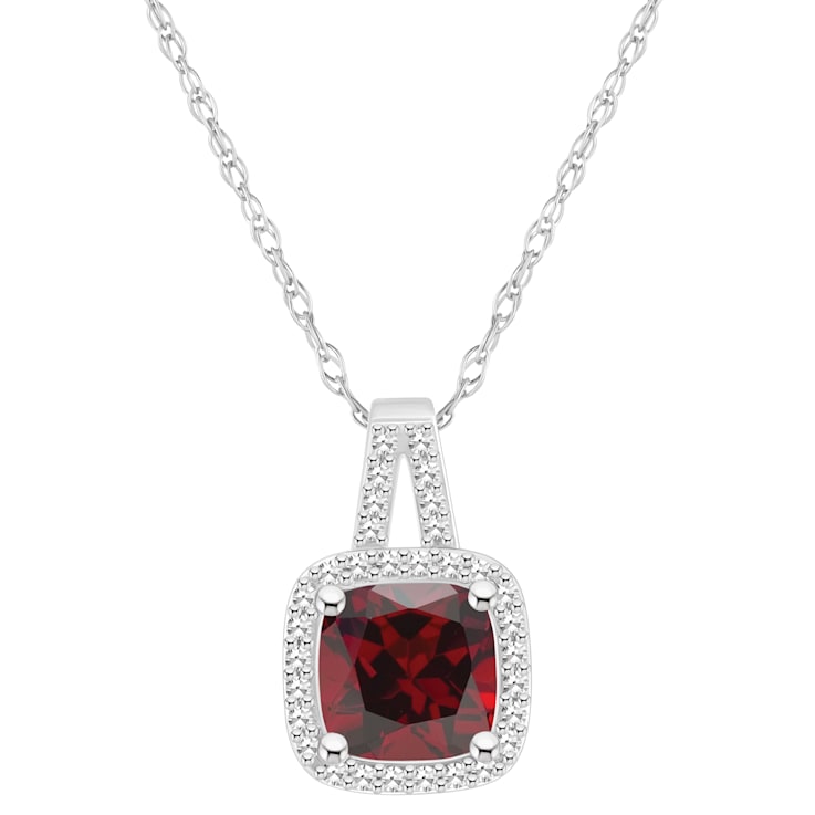 7mm Cushion Garnet 1/6 ctw Diamond Rhodium Over Sterling Silver Halo
Pendant with Chain