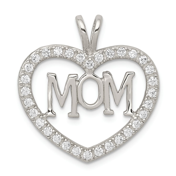 Rhodium Over Sterling Silver Cubic Zirconia Open Heart MOM Pendant