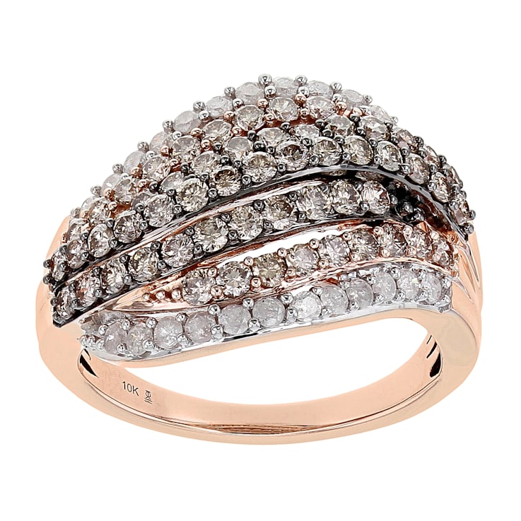 Champagne And White Diamond 10k Rose Gold Multi-Row Ring 1.40ctw