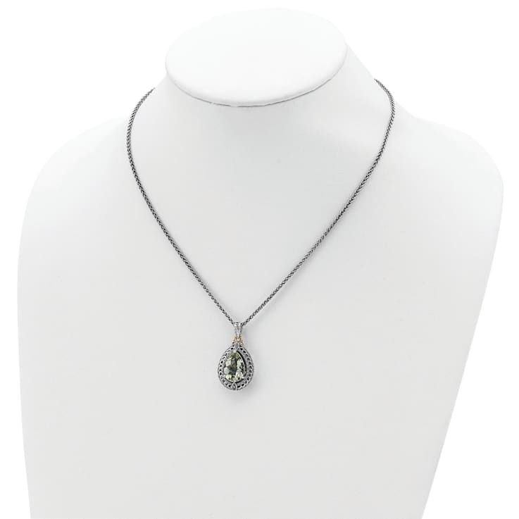 Sterling Silver Antiqued with 14K Accent Diamond and Green Quartz Necklace