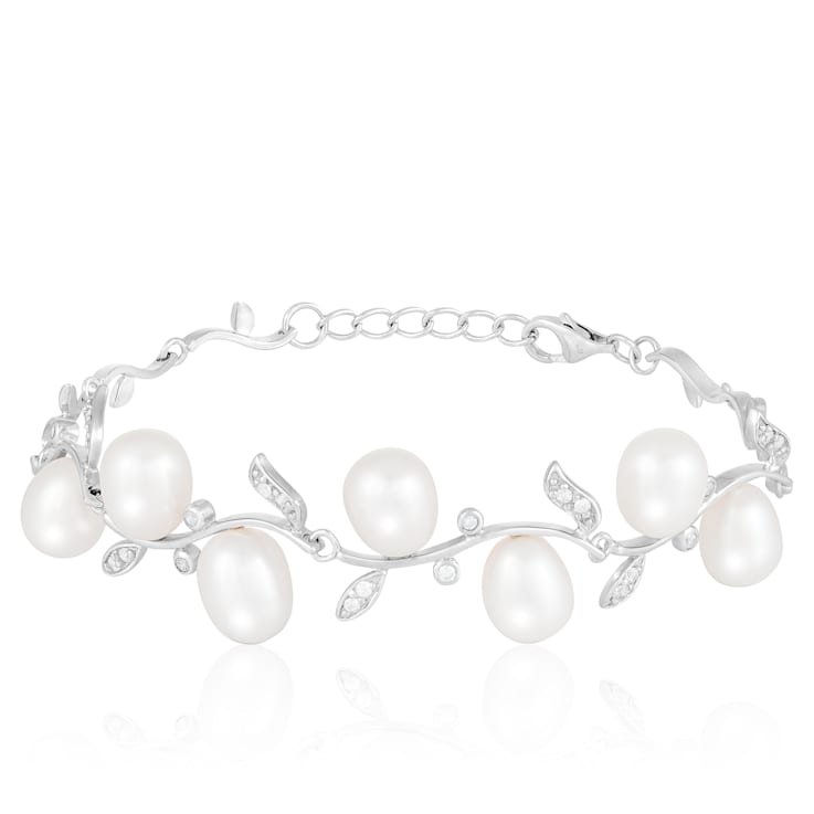 7-7.5mm White Cultured Freshwater Pearl Silver  Bracelet
