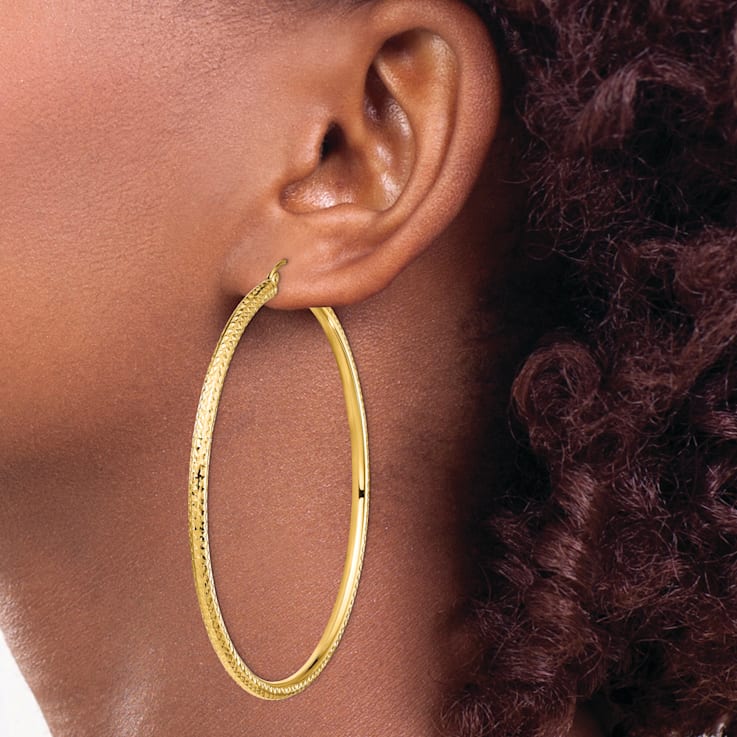 14k Yellow Gold Diamond-cut 2 13/16" Hoop Earrings