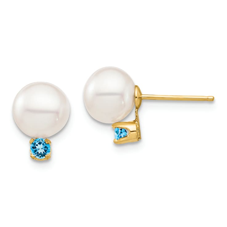 14K Yellow Gold 7-7.5mm White Round Freshwater Cultured Pearl Swiss Blue
Topaz Post Earrings